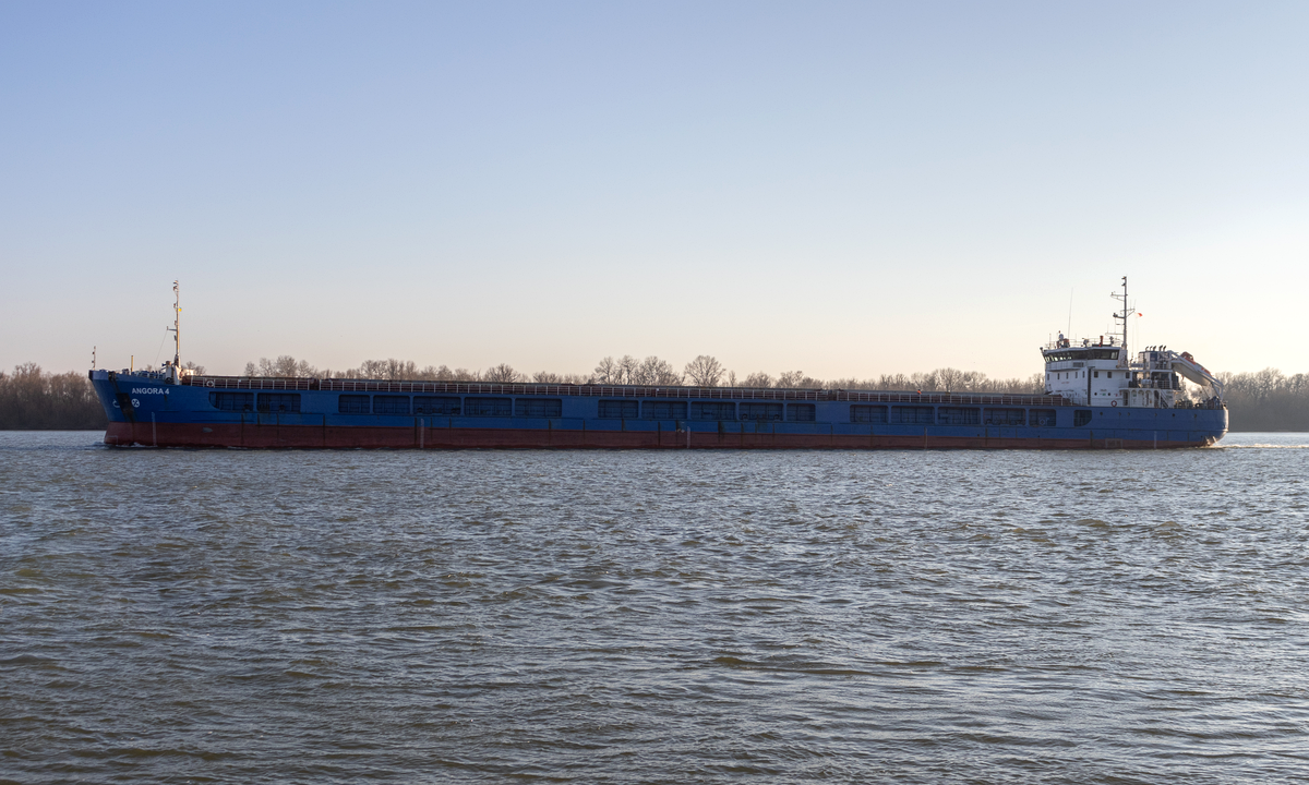 The blue-hulled general cargo ship Angora 4, later renamed Royad Mammadov, sailing on the Danube at Izmail, Ukraine, February 2022. Photograph: VileGecko / Wikimedia Commons, CC BY-SA 4.0.