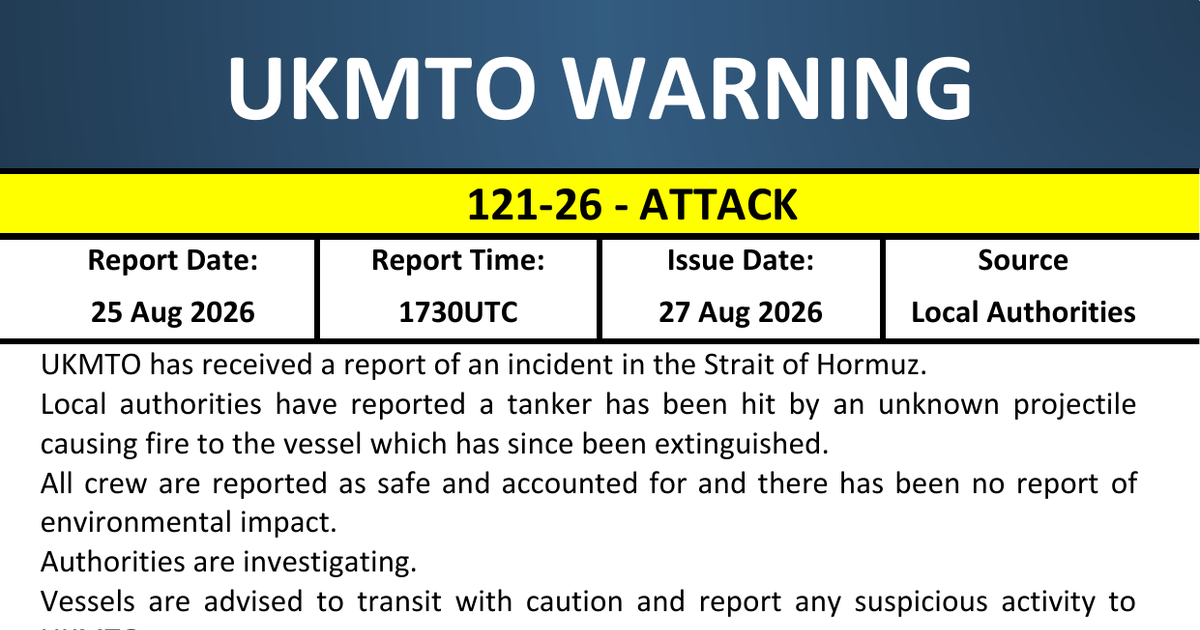 UKMTO Warning 121-26 page naming Khasab, Oman