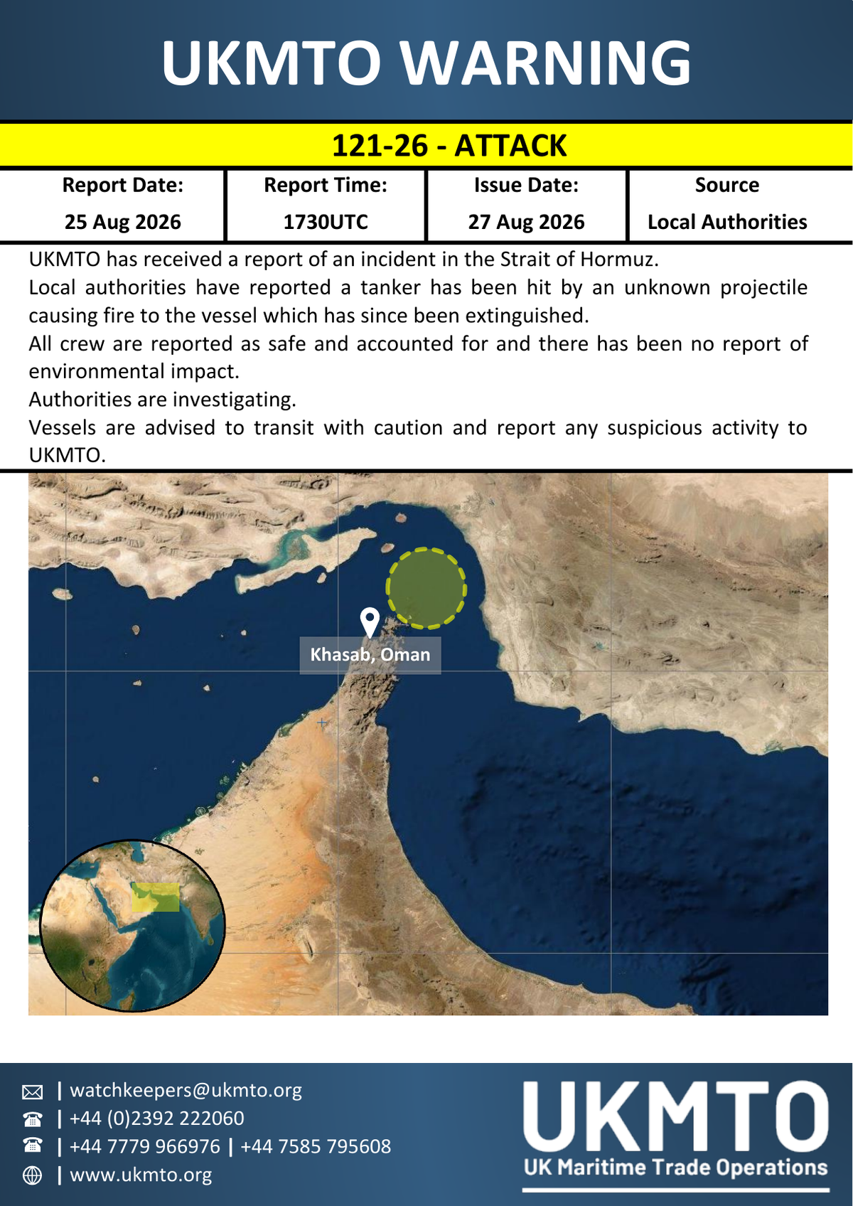 UKMTO Warning 121-26. Attack. Report 25 August 2026, 1730 UTC. Issue 27 August 2026. Map label: Khasab, Oman. Hull not named.