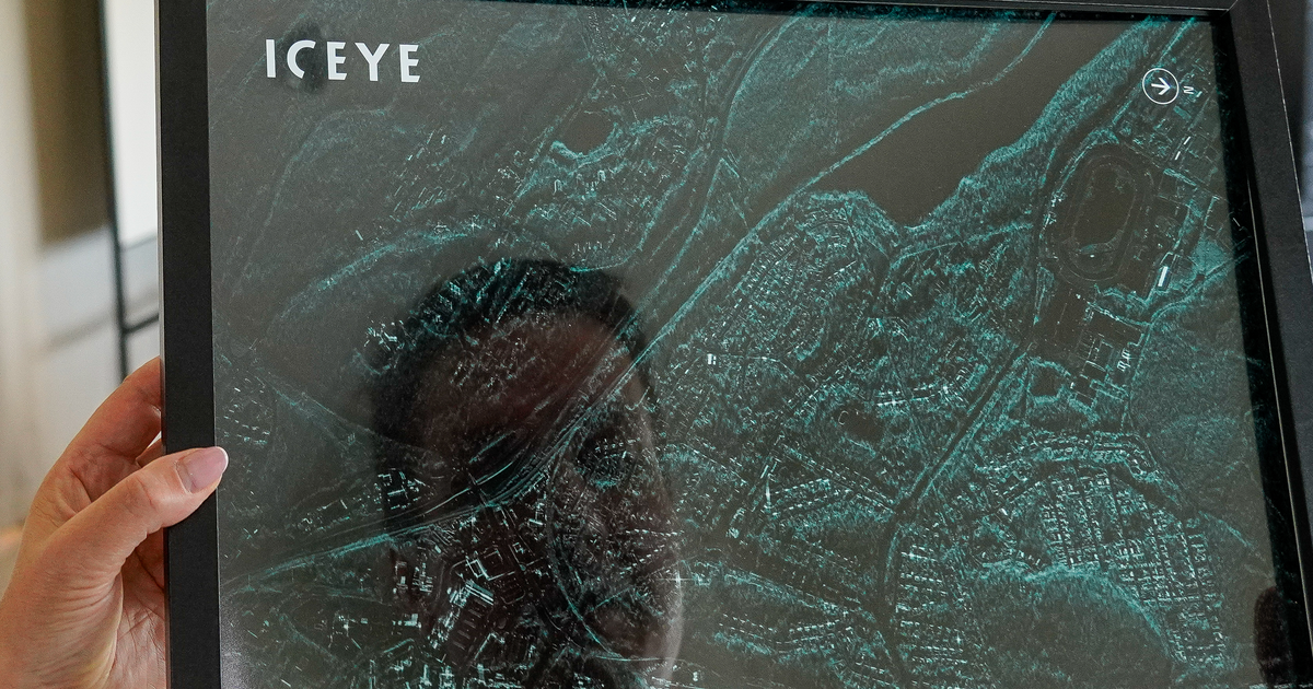 A radar image of Jyväskylä, Finland, made by an ICEYE satellite, on display at ICEYE's headquarters in Finland