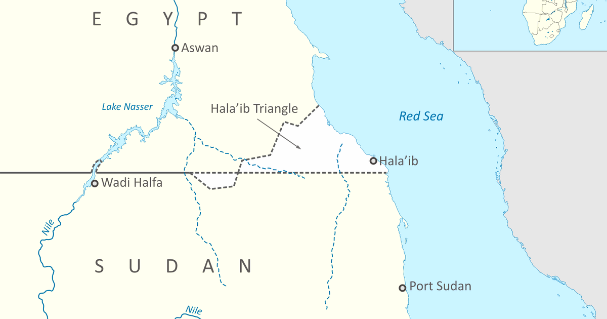 Map of north-east Africa showing the border between Egypt and Sudan, the disputed Hala'ib Triangle on the Red Sea coast, the Nile, Lake Nasser, Aswan, Wadi Halfa and Port Sudan.