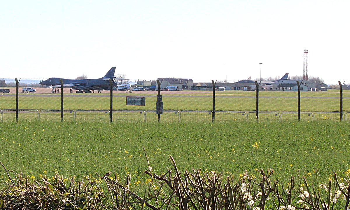 File photo: a US Air Force B-1B Lancer on the apron at RAF Fairford, Gloucestershire, seen from outside the perimeter fence, March 2026. Photograph: Peter Evans via Wikimedia Commons (Geograph), CC BY-SA 2.0, cropped.