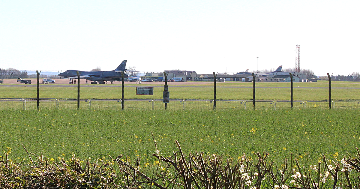File photo: a US Air Force B-1B Lancer on the apron at RAF Fairford, Gloucestershire, seen from outside the perimeter fence, March 2026. Photograph: Peter Evans via Wikimedia Commons (Geograph), CC BY-SA 2.0, cropped.