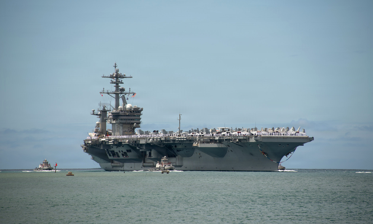 The aircraft carrier USS Theodore Roosevelt (CVN 71) arrives at Joint Base Pearl Harbor-Hickam, Hawaii, 23 June 2026. Photograph: U.S. Navy, Mass Communication Specialist 1st Class Erik Melgar, via Wikimedia Commons. Public domain.