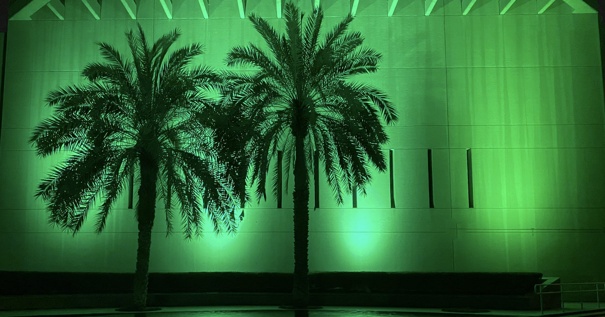 The US Embassy in Riyadh at night, its wall lit green behind two palm trees, in February 2022